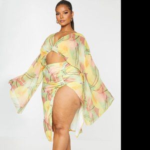 PLT PLUS MULTI PRINT CHIFFON CUT OUT SPLIT MIDI DRESS (NWOT)